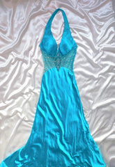 Vintage Mermaid Halter Blue Satin Sleeveless Long Prom Dresses High School Senior Graduation Dance Evening Outfits AS025