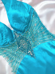 Vintage Mermaid Halter Blue Satin Sleeveless Long Prom Dresses High School Senior Graduation Dance Evening Outfits AS025