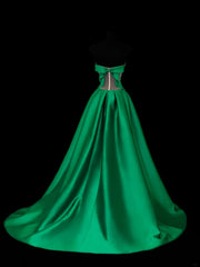 Modest Prom Dress Aesthetic Ball Gowns Strapless Green Satin Style Impress Long Prom Dresses Party Formal Gowns SA025