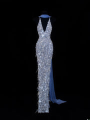 Affordable Sequin 1950s Formal Mermaid V Neck Halter Blue With Beads Style Impress Long Prom Dresses Party Formal Gowns SA031