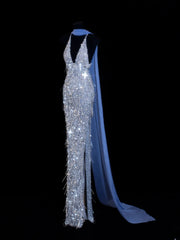 Affordable Sequin 1950s Formal Mermaid V Neck Halter Blue With Beads Style Impress Long Prom Dresses Party Formal Gowns SA031