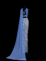 Affordable Sequin 1950s Formal Mermaid V Neck Halter Blue With Beads Style Impress Long Prom Dresses Party Formal Gowns SA031