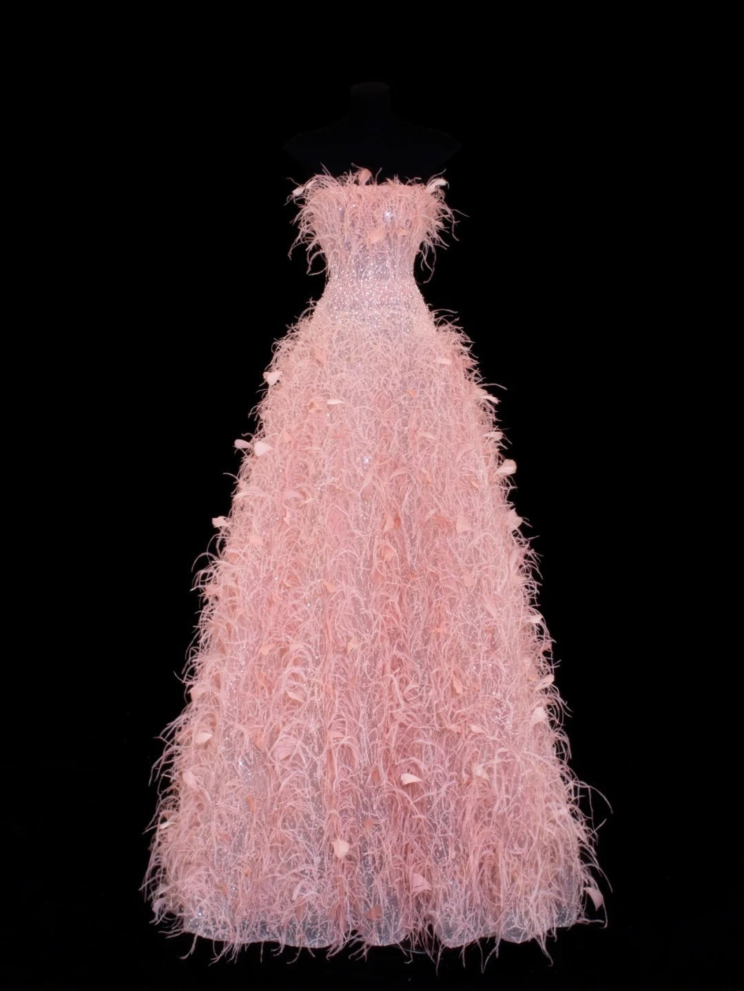 Modest Prom Dress Aesthetic Ball Gowns Strapless Tulle Pink With Feathers Style Impress Long Prom Dresses Party Formal Gown SA033