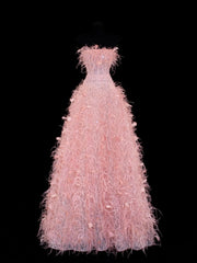 Modest Prom Dress Aesthetic Ball Gowns Strapless Tulle Pink With Feathers Style Impress Long Prom Dresses Party Formal Gown SA033