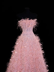 Modest Prom Dress Aesthetic Ball Gowns Strapless Tulle Pink With Feathers Style Impress Long Prom Dresses Party Formal Gown SA033
