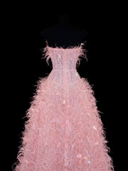 Modest Prom Dress Aesthetic Ball Gowns Strapless Tulle Pink With Feathers Style Impress Long Prom Dresses Party Formal Gown SA033