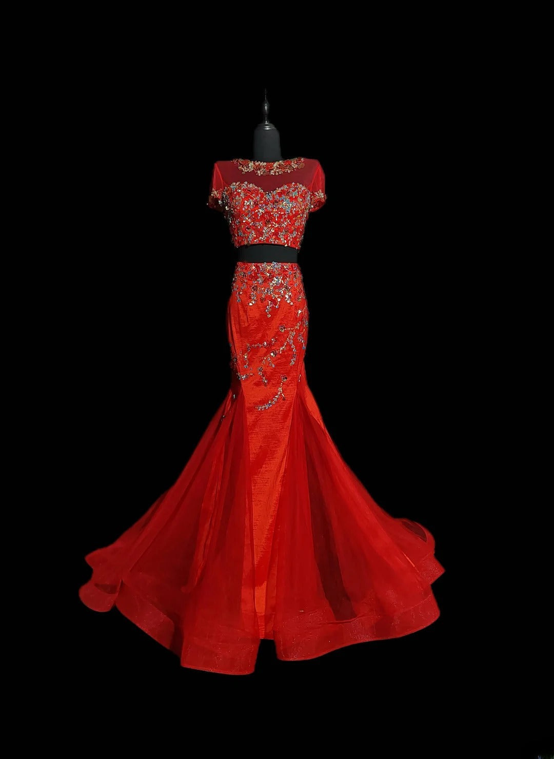 Vintage 1950s Mermaid 2 Pieces Red Pink With Beading Short Sleeves Long Prom Dresses High School Senior Graduation Dance Evening Outfits AS034