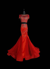 Vintage 1950s Mermaid 2 Pieces Red Pink With Beading Short Sleeves Long Prom Dresses High School Senior Graduation Dance Evening Outfits AS034