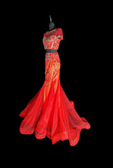 Vintage 1950s Mermaid 2 Pieces Red Pink With Beading Short Sleeves Long Prom Dresses High School Senior Graduation Dance Evening Outfits AS034