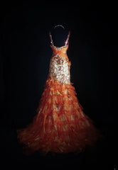 Vintage Prom Dresses 90s Formal Mermaid V Neck Orange Tiered With Beadings Long Party Gowns Prom Dresses AS036