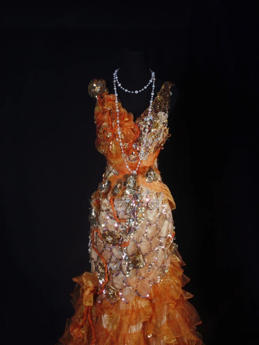 Vintage Prom Dresses 90s Formal Mermaid V Neck Orange Tiered With Beadings Long Party Gowns Prom Dresses AS036