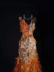 Vintage Prom Dresses 90s Formal Mermaid V Neck Orange Tiered With Beadings Long Party Gowns Prom Dresses AS036