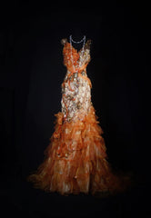 Vintage Prom Dresses 90s Formal Mermaid V Neck Orange Tiered With Beadings Long Party Gowns Prom Dresses AS036