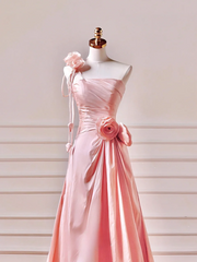 Modest Prom Dresses Aesthetic A Line One Shoulder Pink Satin Impress Long Party Formal Gown For Teens High Schools Girls AQ040