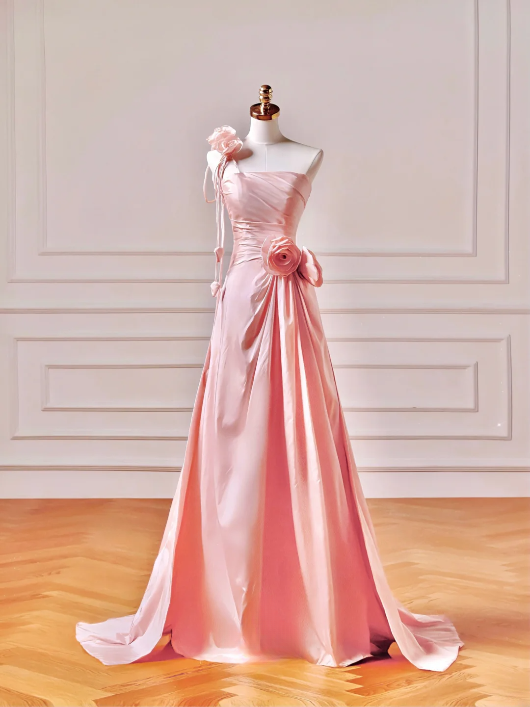 Modest Prom Dresses Aesthetic A Line One Shoulder Pink Satin Impress Long Party Formal Gown For Teens High Schools Girls AQ040