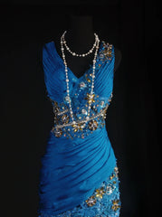 Vintage Prom Dresses 90s Formal Mermaid V Neck Royal Blue Chiffon With Beadings Lace Long Party Gowns Prom Dresses AS042