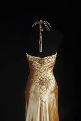 Vintage Prom Dresses 90s Formal Mermaid Halter Gold Silk Satin With Beadings Long Party Gowns Prom Dresses AS043