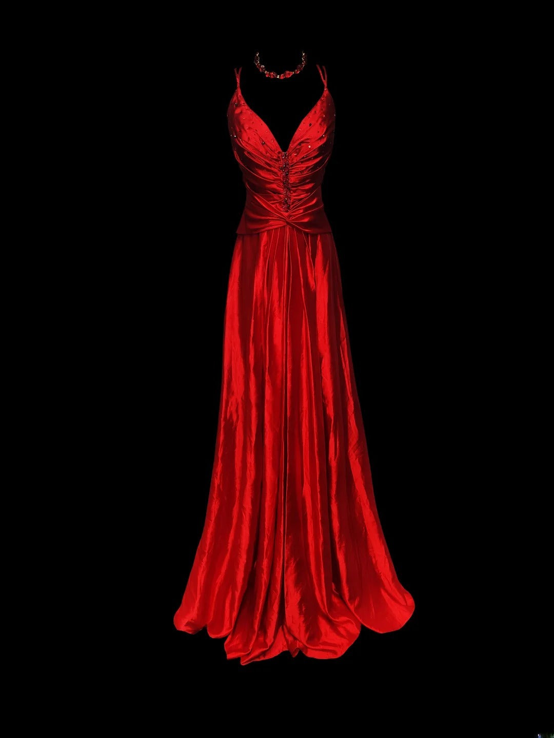 Retro 60s A Line Spaghetti Strap Red Satin With Beads Sleeveless Long Prom Dresses High School Senior Graduation Dance Party Outfits AS045