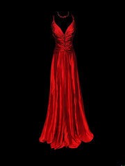 Retro 60s A Line Spaghetti Strap Red Satin With Beads Sleeveless Long Prom Dresses High School Senior Graduation Dance Party Outfits AS045