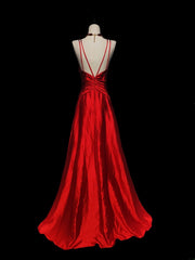 Retro 60s A Line Spaghetti Strap Red Satin With Beads Sleeveless Long Prom Dresses High School Senior Graduation Dance Party Outfits AS045