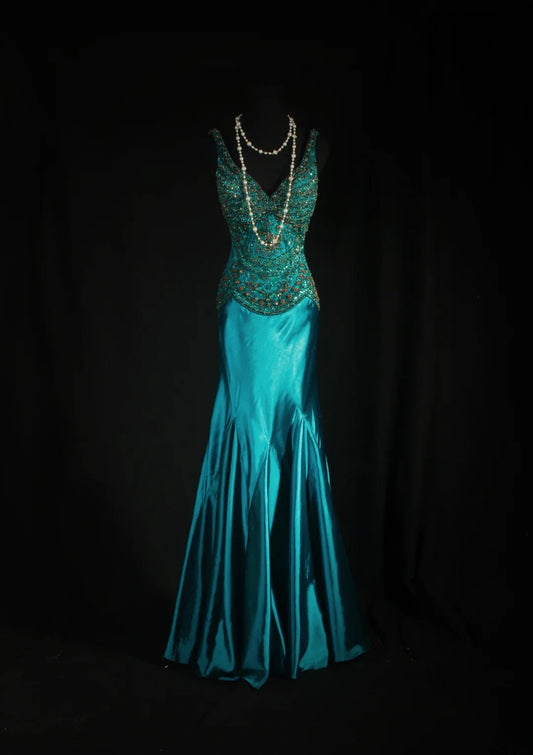 Vintage Prom Dresses 90s Formal Mermaid V Neck Silk Satin With Beadings Long Party Gowns Prom Dresses AS045