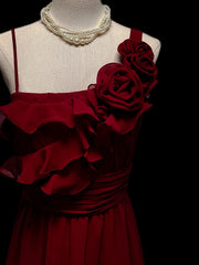 Classic A Line Spaghetti Strap Burgundy Chiffon Sleeveless Long Prom Dresses High School Senior Graduation Dance Evening Outfits AS053