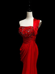 Classic Mermaid One Shoulder Red Chiffon Ruffles Long Prom Dresses High School Senior Graduation Dance Evening Outfits AS057