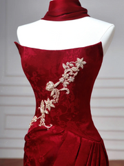 Sexy Senior Prom Dresses High Schools Inspiration Mermaid Strapless Burgundy Satin Semi Formal Grad Long Prom Dresses AQ057