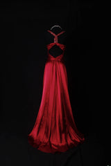 Vintage Sheath V Neck Backless Satin Red Party Dress With Beads 1950s Retro Classy Birthday Dinner Long Prom Dresses AS060