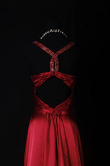 Vintage Sheath V Neck Backless Satin Red Party Dress With Beads 1950s Retro Classy Birthday Dinner Long Prom Dresses AS060