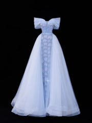 Modest Prom Dress Aesthetic Mermaid Off The Shoulder Blue Tulle Style Impress With Sleeves Long Party Formal Gown SA068