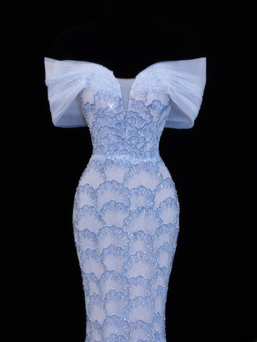 Modest Prom Dress Aesthetic Mermaid Off The Shoulder Blue Tulle Style Impress With Sleeves Long Party Formal Gown SA068