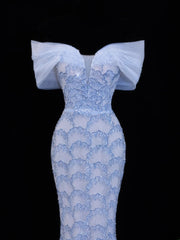 Modest Prom Dress Aesthetic Mermaid Off The Shoulder Blue Tulle Style Impress With Sleeves Long Party Formal Gown SA068