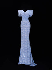 Modest Prom Dress Aesthetic Mermaid Off The Shoulder Blue Tulle Style Impress With Sleeves Long Party Formal Gown SA068