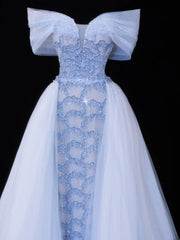 Modest Prom Dress Aesthetic Mermaid Off The Shoulder Blue Tulle Style Impress With Sleeves Long Party Formal Gown SA068