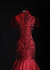 Women's Cocktail Party Gowns 90s Mermaid Square Neck Red Taffeta With Pleated Long Graduation Dinner Outfits Prom Dresses AS069
