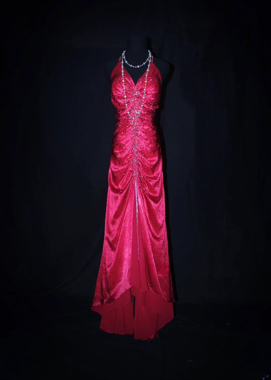 Charming Mermaid Halter Hot Pink Satin Sleeveless Long Prom Dresses Party Formal Gowns AS077