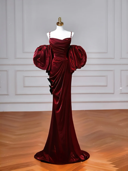 Classy Mermaid Spaghetti Straps Burgundy With Sleeves Long Formal Prom Dresses Dance Night Outfits Party Gowns AQ077