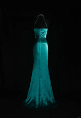 Vintage 1950s Formal Mermaid Halter Dark Green Satin Sleeveless Long Prom Dresses Party Formal Gowns AS080