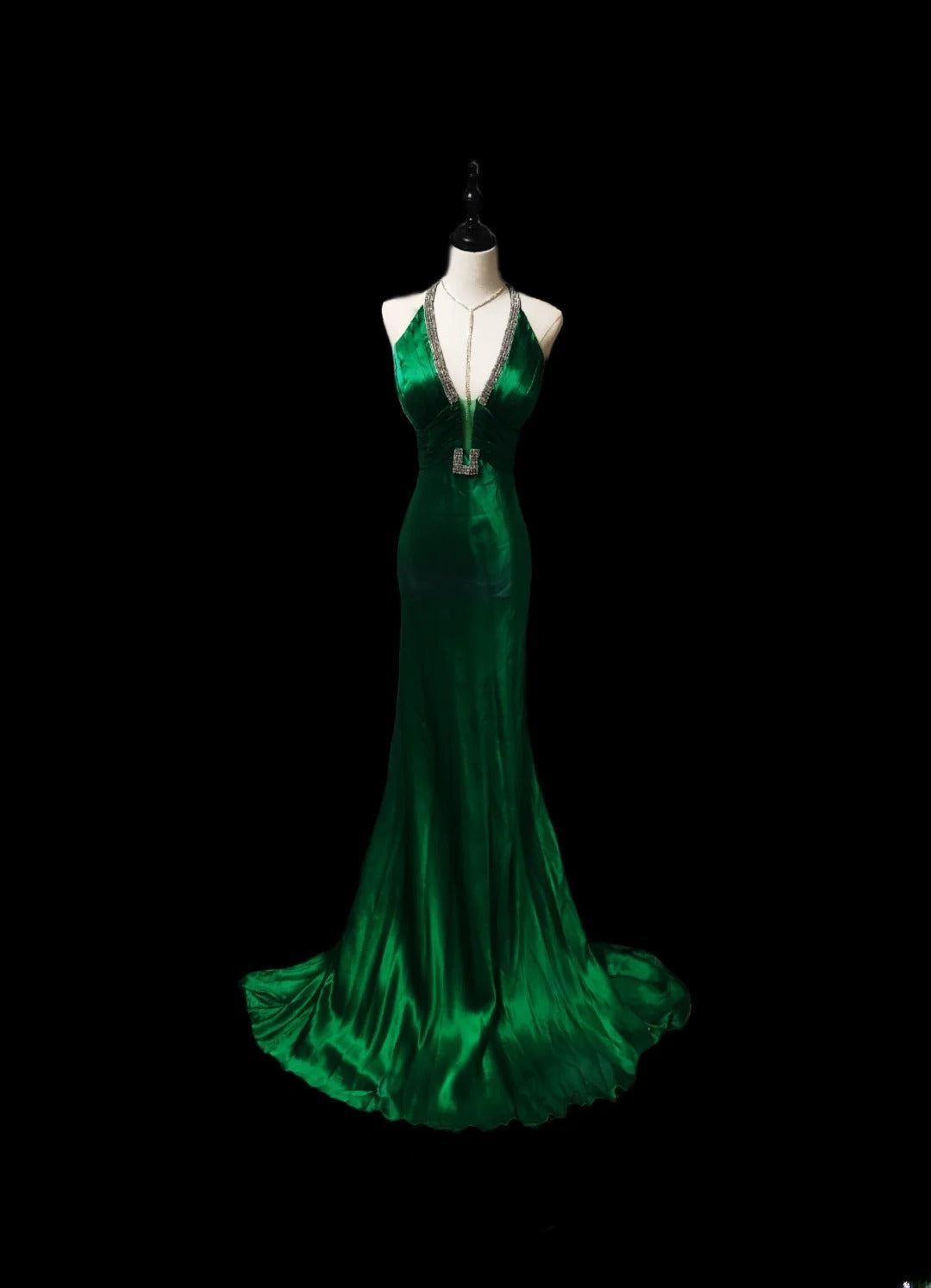 Vintage Mermaid Halter Green Satin With Beading Sleeveless Long Prom Dresses High School Senior Graduation Dance Evening Outfits AS087