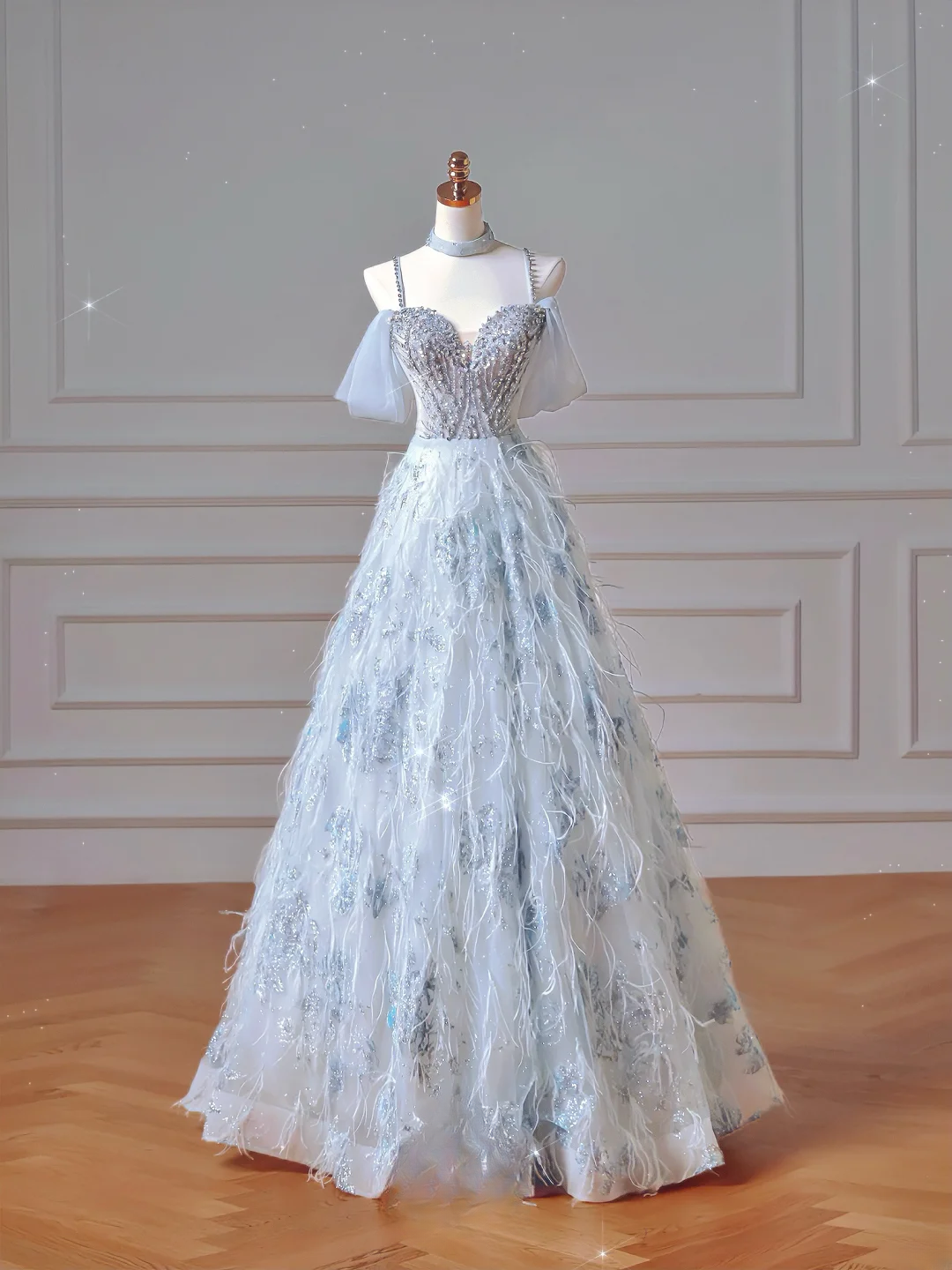 Elegant Ball Gown Off The Shoulder Light Sky Blue Tulle Long Formal Prom Evening Dress Dinner Outfits Party Gowns AQ092