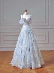 Elegant Ball Gown Off The Shoulder Light Sky Blue Tulle Long Formal Prom Evening Dress Dinner Outfits Party Gowns AQ092