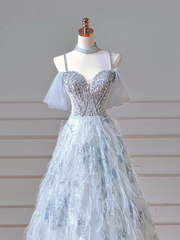 Elegant Ball Gown Off The Shoulder Light Sky Blue Tulle Long Formal Prom Evening Dress Dinner Outfits Party Gowns AQ092