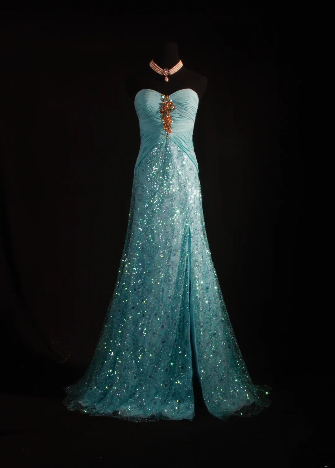 Vintage 80s Formal Mermaid Sweetheart Blue With Pleated Slit Beads Sleeveless Long Prom Dresses Party Formal Gowns AS095