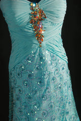 Vintage 80s Formal Mermaid Sweetheart Blue With Pleated Slit Beads Sleeveless Long Prom Dresses Party Formal Gowns AS095