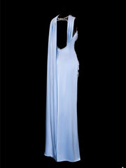 Classy Sheath Spaghetti Strap Light Sky Blue Satin Formal Style Impress Long Prom Dresses Party Gowns SA095