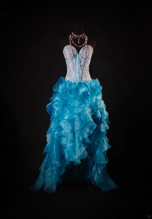 Vintage Ball Gowns Women's Cocktail Party Gowns High Low Sweetheart Blue With Tiered Beaded Tops Long Graduation Dinner Outfits Prom Dresses AS099