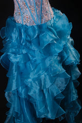 Vintage Ball Gowns Women's Cocktail Party Gowns High Low Sweetheart Blue With Tiered Beaded Tops Long Graduation Dinner Outfits Prom Dresses AS099