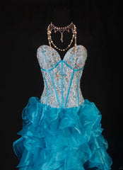 Vintage Ball Gowns Women's Cocktail Party Gowns High Low Sweetheart Blue With Tiered Beaded Tops Long Graduation Dinner Outfits Prom Dresses AS099