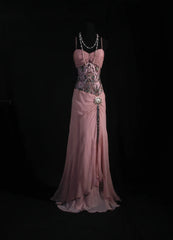 Vintage A Line Spaghetti Strap Pink Floor Length Chiffon Party Dress With Beads 1950s Retro Classy Birthday Dinner Prom Dresses AS100
